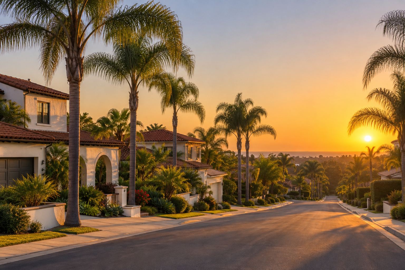A San Diego residential street at sunset, illustrative