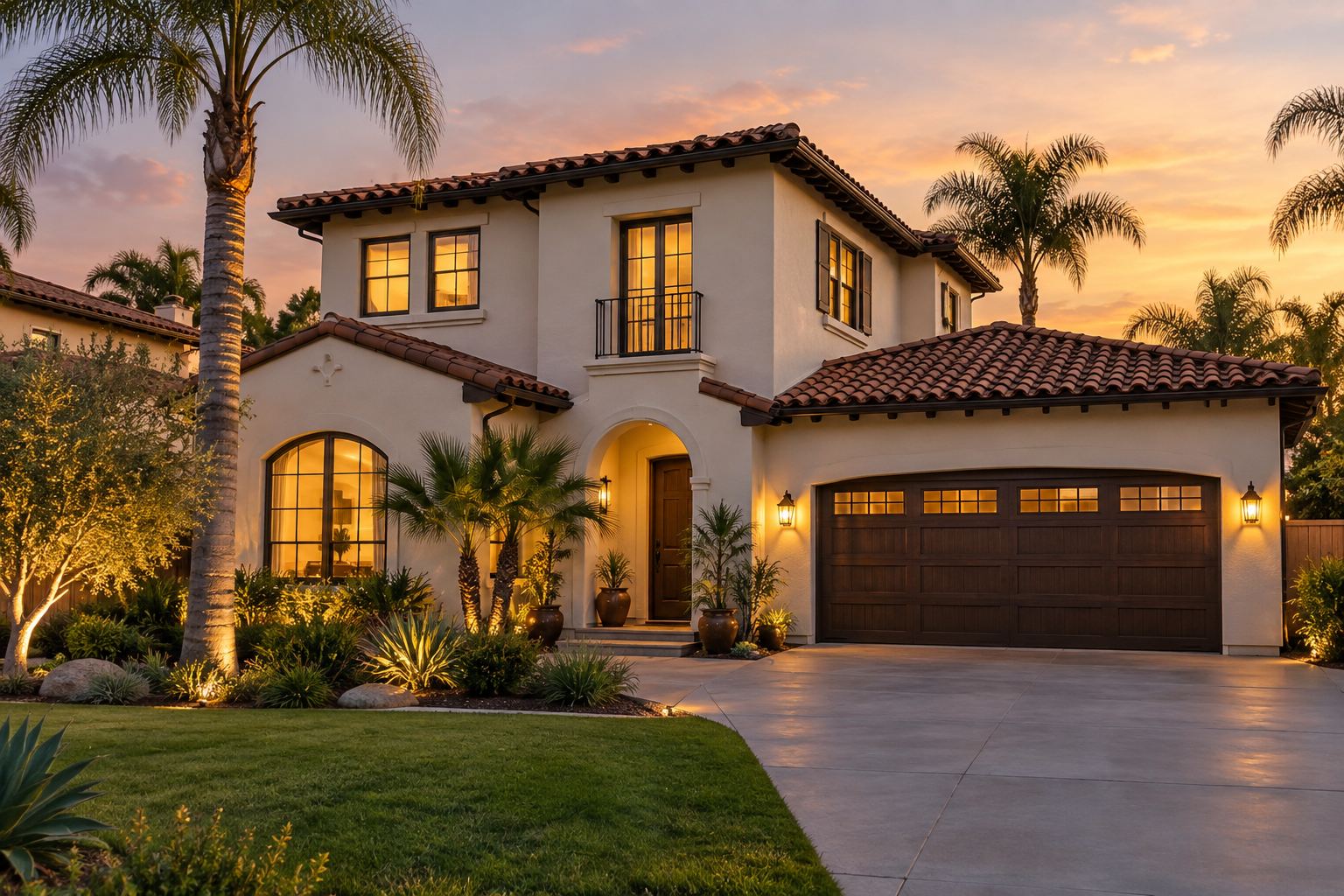 A San Diego County home at dusk, illustrative