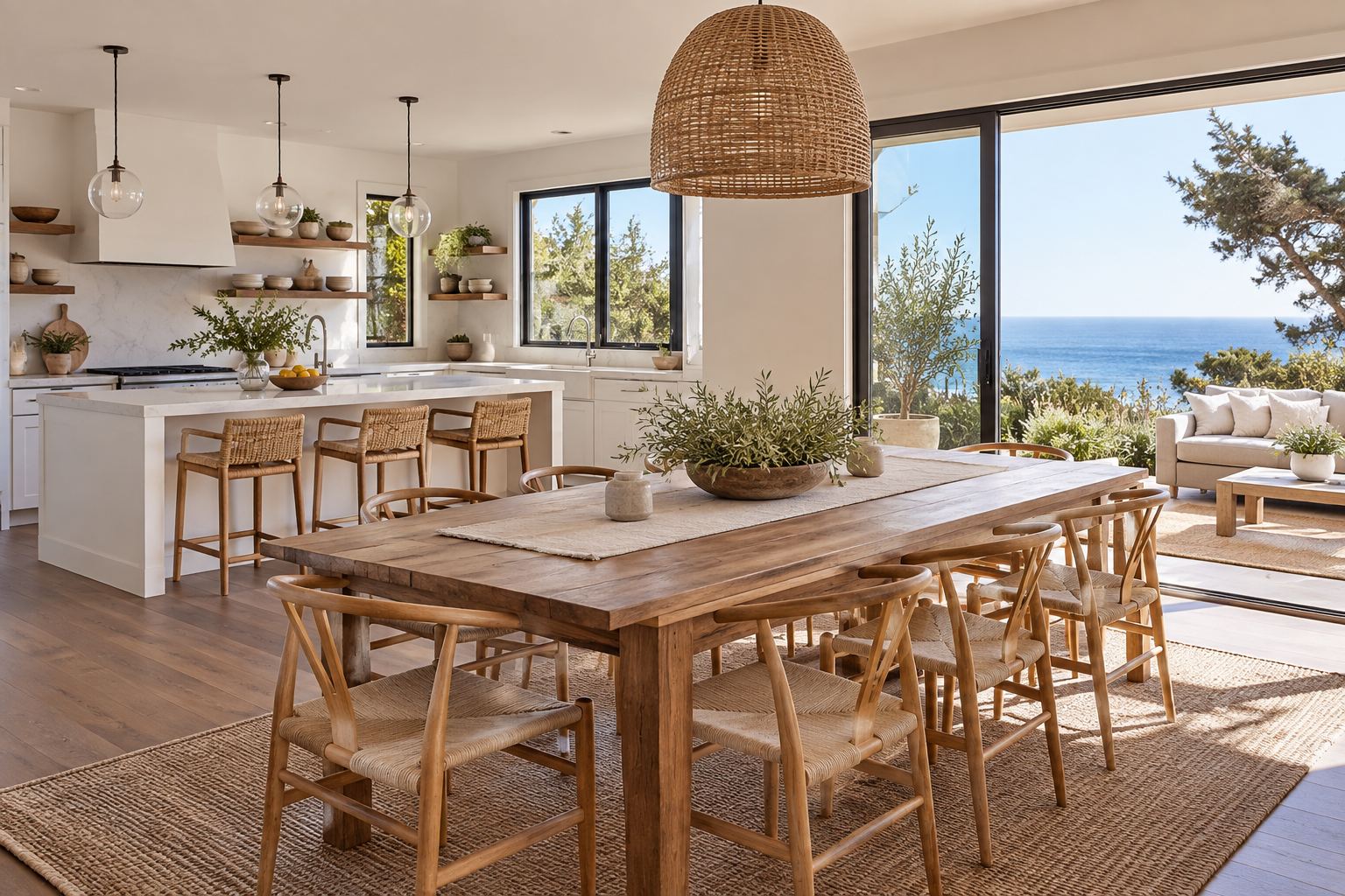A bright dining room, illustrative